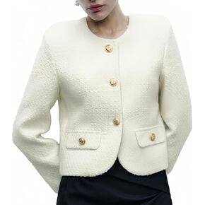 Women's Cropped Crew Neck Casual Tweed Blazer Elegant Slim Long Sleeve Jacket with Fake Pockets