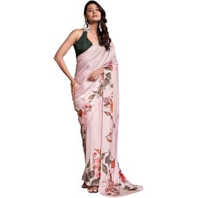 Digital Flower Printed Soft Satin Saree With Unstitched Blouse