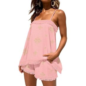 ChicMe 2 Piece Geometric Embroidery Spaghetti Strap Tassel Design Square Neck Top Casual Shorts Set