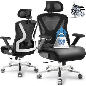 Ergonomic Office Chair,Big and Tall Office Chair for Heavy People,Mesh High Back Desk Chair with 5D Flip Arms Large Wheels,Adjustable Headrest & Lumbar Support,Wide Office Chair