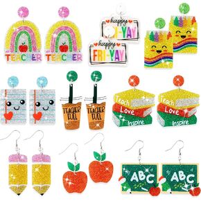 Y1tvei Teacher Earrings for Women - 9Pairs Colorful Rainbow Apple Pencil Book Sparkly Glitter Acrylic Earring Drop Dangle Lightweight Cute Back to School Teacher Jewelry Accessories Appreciation Gifts