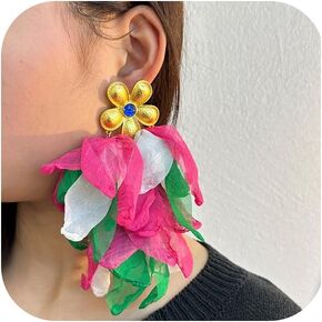 Bohemian Big Flower Dangle Earrings - Fabric Floral Design for Women