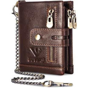 Anti-Theft Mens Wallet with Chain Genuine Leather ID Window Purse with RFID Blocking Bifold Double Zipper Coin Pocket