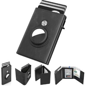 Mens Pop Up Wallet for AirTag: Premium Genuine Leather, RFID Blocking, Smart, Minimalist, 9-14 Card Capacity, ID Window, Cash Slot (Carbon Fiber)