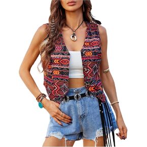 GORGLITTER Women's Embroidered Vest Vintage Sleeveless Open Front Cropped Cardigan Outerwear