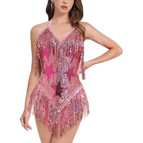 Women Sequin Fringe Romper Sparkly Glitter Bodysuit Halter V-Neck Backless Shorts Dress Disco Birthday Dance Outfit