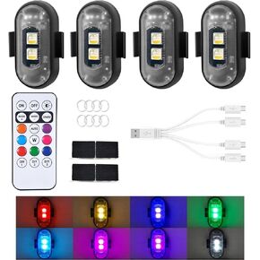 Wireless Strobe Lights with Remote Control Motorcycle Car LED 8 Colors Anti-Collision USB Charing Waterproof Interior Emergency Warning Lights for Truck Drone Aircraft Bike (4 Pack)