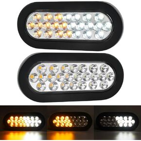 2 Pcs 6.5 Inch Oval Amber/White Strobe Lights 24LED Recessed With Rubber Grommets and 3-prong Wire Pigtails for trucks and trailer lights, IP67, Clear lens 10V-30V