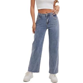Women's Wide Leg Jeans 90S Vintage Zipper Fly Raw Hem Loose Fit Mid Rise Straight Leg Jeans for Women Denim Pants