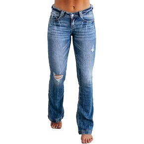 Flamingals Women's Ripped Bootcut Jeans Stretchy Mid Rise Wash Detail Flare Denim Jeans