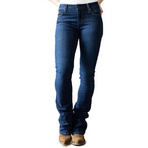 Kimes Ranch Women's Chloe Casual Western Mid-Rise Fitted Thigh & Flare Bootcut Blue Dark Wash Tri-Blend Denim Jeans