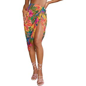 WDIRARA Women's Tropical Print Twist Front Split Thigh Ruched High Waist Midi Skirt