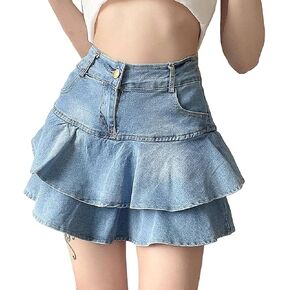 Women's Ruffle Multi-Layer Denim Skirt Casual A-Line Ruffle Y2K Mini Denim Skirt