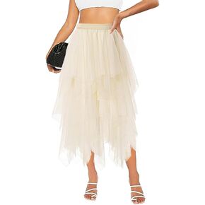 Tulle Skirts for Women Midi Long Tutu Skirt A-Line Mesh Layered Fairy Trendy High Elastic Waist Halloween Skirts