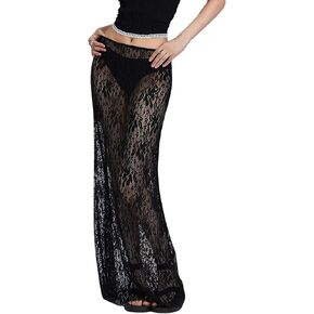 Lace Maxi Skirt for Women See Through Sexy Boho Summer Skirt Flowy Long Transparent White Skirt for Beach Vacation