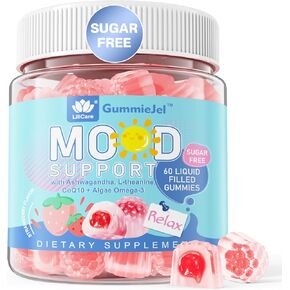 Sugar Free Ashwagandha Calm Gummies with L-Theanine, Vitamin D3, Vegan Omega 3, CoQ10 & Rhodiola Rosea for Women Men, Natural Relax Calming Mood Supplement, Strawberry Flavor, Vegan, 60 Filled Gummies