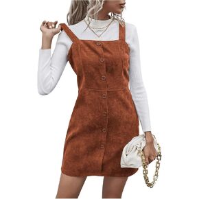 Floerns Women's Corduroy Button Down Pinafore Overall Dress with Pockets Brown Solid XS