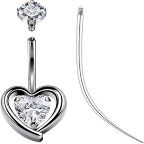 Ruifan ASTM F136 Titanium Belly Button Rings Heart Cubic Zircon Opal Hypoallergenic Internally Threaded 14G Navel Body Piercing Jewelry 10mm 12mm 14mm For Women