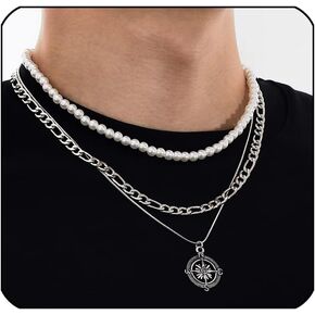 Pearl Necklace for Men Layered Cuban Link Cross Necklaces Mens Stainless Steel Chain Faux Pearl Choker Compass Pendant 3PCS Necklaces Set for Men Women Jewelry Gift