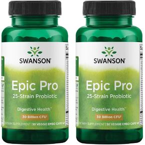 Swanson Epic-Pro 25-Strain Probiotic 30 Billion CFU Digestive Health Immune System Support Prebiotic Nutraflora FOS 30 DRcaps Veggie Capsules (Caps) (2 Pack)