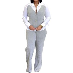 HuiSiFang Women 2 Piece Sets Dressy Casual Long Sleeve Patchwork Vest and Pants Set Work Outfits