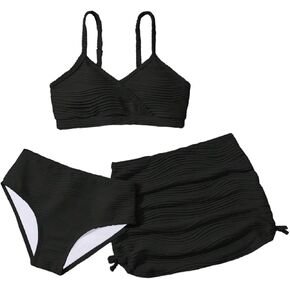 Girl's 3 Piece Bikini Set Textured Tankini Set Cute High Wasited Bathing Suit V Neck Swimsuit with Cover Up Skirt