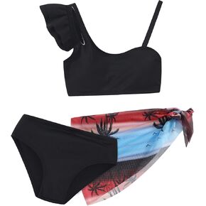 3 Pcs Girls Swimsuit Set One Shoulder Ruffle Sleeve Solid Bikini Set with Tropical Sarong Cover Up Skirt 5-14 Y