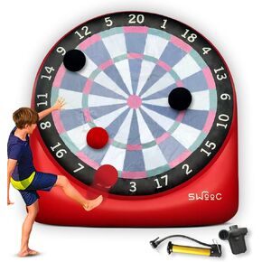 SWOOC Games - Giant Kick Darts (Over 6ft Tall) with Over 15 Games Included - Giant Inflatable Outdoor Dartboard with Soccer Balls, Air Pump & Score Card - Jumbo Foot Darts Game with Big Target (Red)