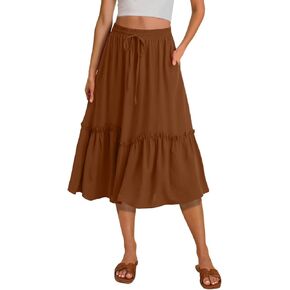 HWOKEFEIYU High Waist Tiered Skirts for Women Flowy Skirts for Women Below Knee Beach Dress with Pockets