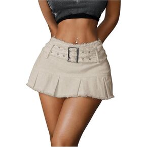 MakeMeChic Women's Raw Trim Grommet Eyelet Pleated A Line Belted Y2K Denim Mini Skirts