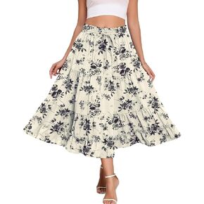 LOUSGUTA Women's Midi Skirt Flowy Ruffle Tiered High Elastic Waist Casual Skirts with Pockets
