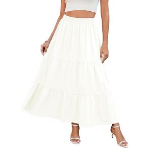 HUSKARY Women Summer Midi Skirt Casual Elastic High Waist Pleated A-Line Flowy Swing Tiered Beach Vacation Skirts