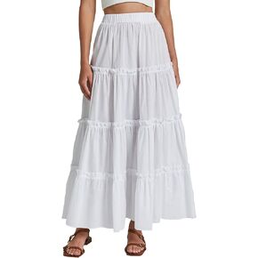 Maxi Tiered Skirts for Women Long Boho Skirt Pleated A-Line Elastic Waist Flowy Long Beach Skirt