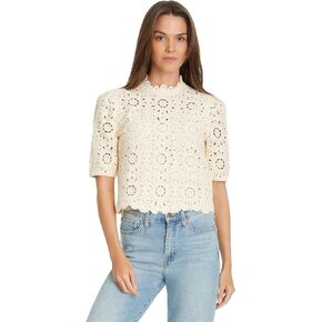 Sam Edelman Women's Doral Crochet Knit Short Sleeve Sweater with Zipper Back Standard