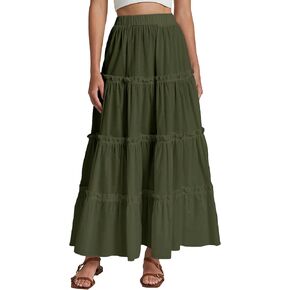 Maxi Tiered Skirts for Women Long Boho Skirt Pleated A-Line Elastic Waist Flowy Long Beach Skirt in Saudi Arabia