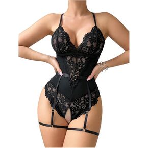 SOLY HUX Women's Floral Lace Teddy Bodysuit Spaghetti Strap Push Up Sexy Garter Lingerie Sheer Nightwear
