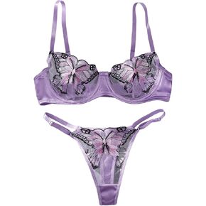 GORGLITTER Women's Lingerie Sets 2 Piece Butterfly Embroidery Mesh Sheer Underwire Bra and Thong Sets