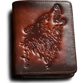 Mens Wallet With Coin Pocket,Wolf Bifold Wallets For Men Leather RFID Blocking,Gift for Him (brown)