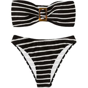 SOLY HUX Women's Striped Print Bandeau Bikini Set Strapless Textured Swimsuits Cheeky Summer Bathing Suits