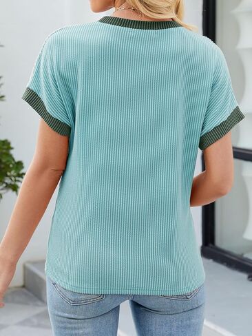 Womens Color Block Fashion Short Sleeve Crewneck Knitted Spring Summer Casual Loose T Shirts Tops in Saudi Arabia