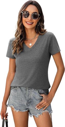 Womens Summer Tops Short Sleeve T Shirts V Neck Women Tops Loose Casual Tee Trendy Clothes in Kuwait