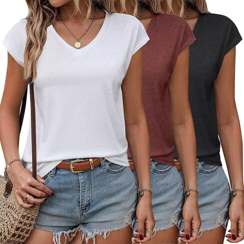 3 Pack Women's Summer Tops Casual Spring V Neck T Shirts Cap Sleeve Trendy Beach Vacation Clothes Fashion Basic Tees in Saudi Arabia