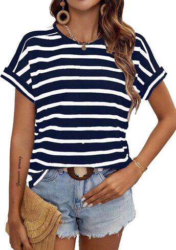 LilyCoco Womens Short Batwing Sleeve Striped Shirt Crew Neck Tops Casual Loose Fit Tee in Saudi Arabia