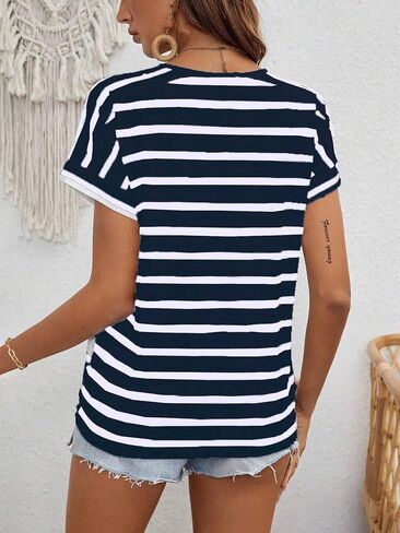 LilyCoco Womens Short Batwing Sleeve Striped Shirt Crew Neck Tops Casual Loose Fit Tee in Saudi Arabia