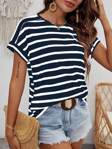 LilyCoco Womens Short Batwing Sleeve Striped Shirt Crew Neck Tops Casual Loose Fit Tee in Saudi Arabia