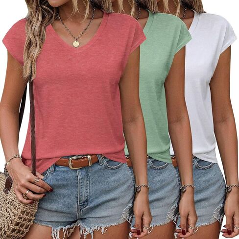 3 Pack Women's Summer Tops Casual Spring V Neck T Shirts Cap Sleeve Trendy Beach Vacation Clothes Fashion Basic Tees in Saudi Arabia