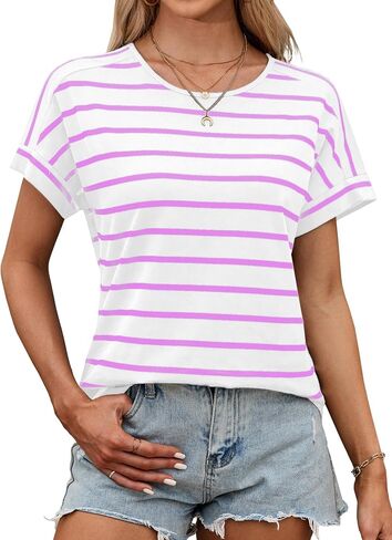 LilyCoco Womens Short Batwing Sleeve Striped Shirt Crew Neck Tops Casual Loose Fit Tee in Saudi Arabia