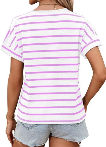 LilyCoco Womens Short Batwing Sleeve Striped Shirt Crew Neck Tops Casual Loose Fit Tee in Saudi Arabia