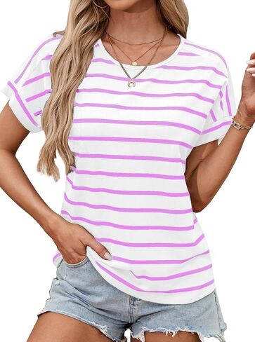LilyCoco Womens Short Batwing Sleeve Striped Shirt Crew Neck Tops Casual Loose Fit Tee in Saudi Arabia