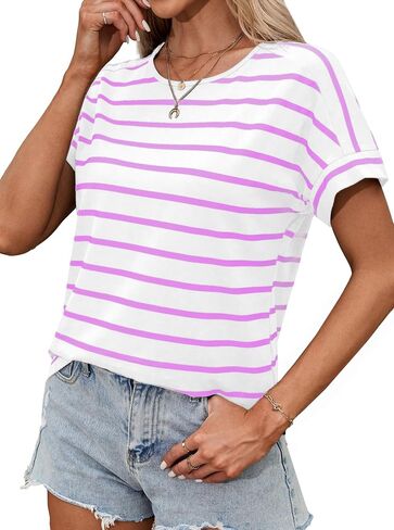LilyCoco Womens Short Batwing Sleeve Striped Shirt Crew Neck Tops Casual Loose Fit Tee in Saudi Arabia